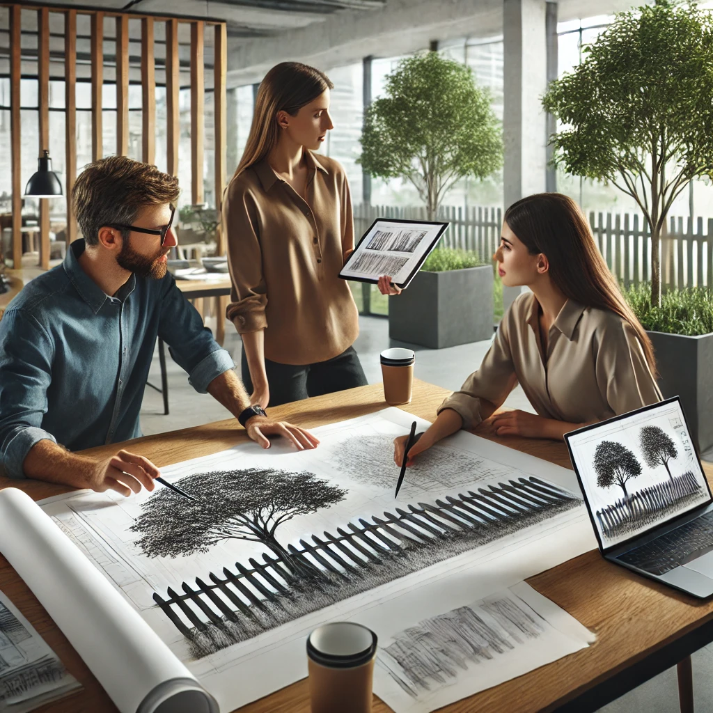 DALL·E 2024-08-04 13.53.32 - A photorealistic image of three designers working together to design a tree pit fence. The designers are gathered around a table in a modern office, w Diseño Vallas Alcorque